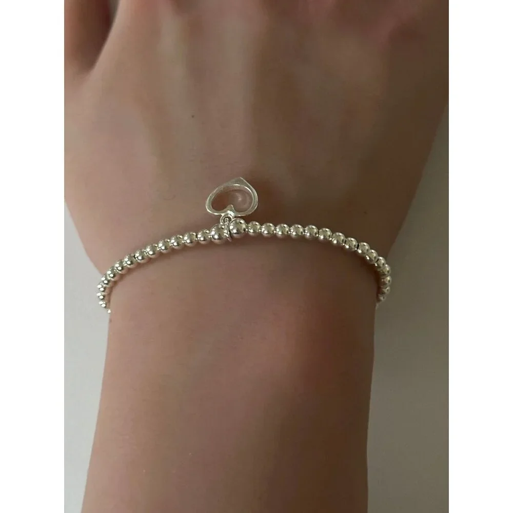 925 Sterling Silver Beaded Stretch Stacking Bracelet Heart Charm Minimalist S7" - Picture 2 of 5